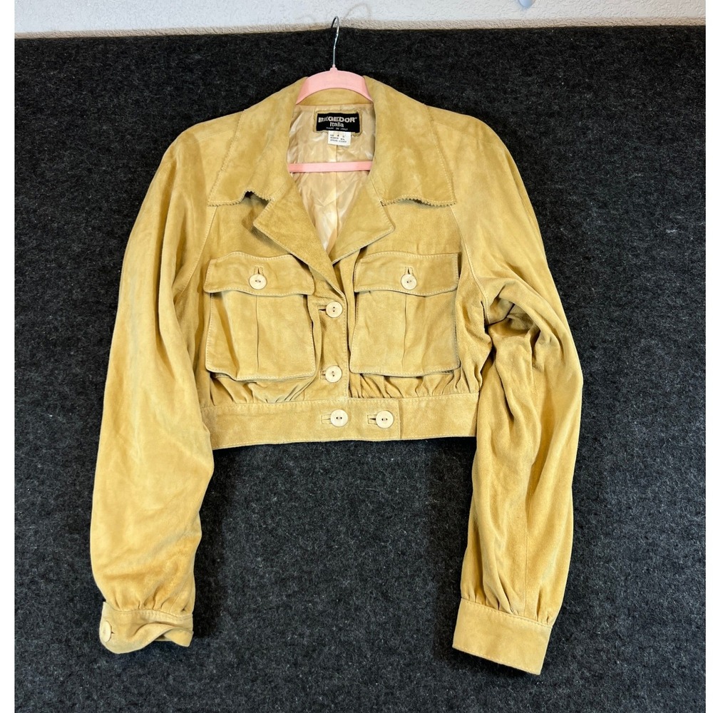 Vintage Begedor Italia Mustard Yellow Suede Cropped Leather Jacket Womens Size 4